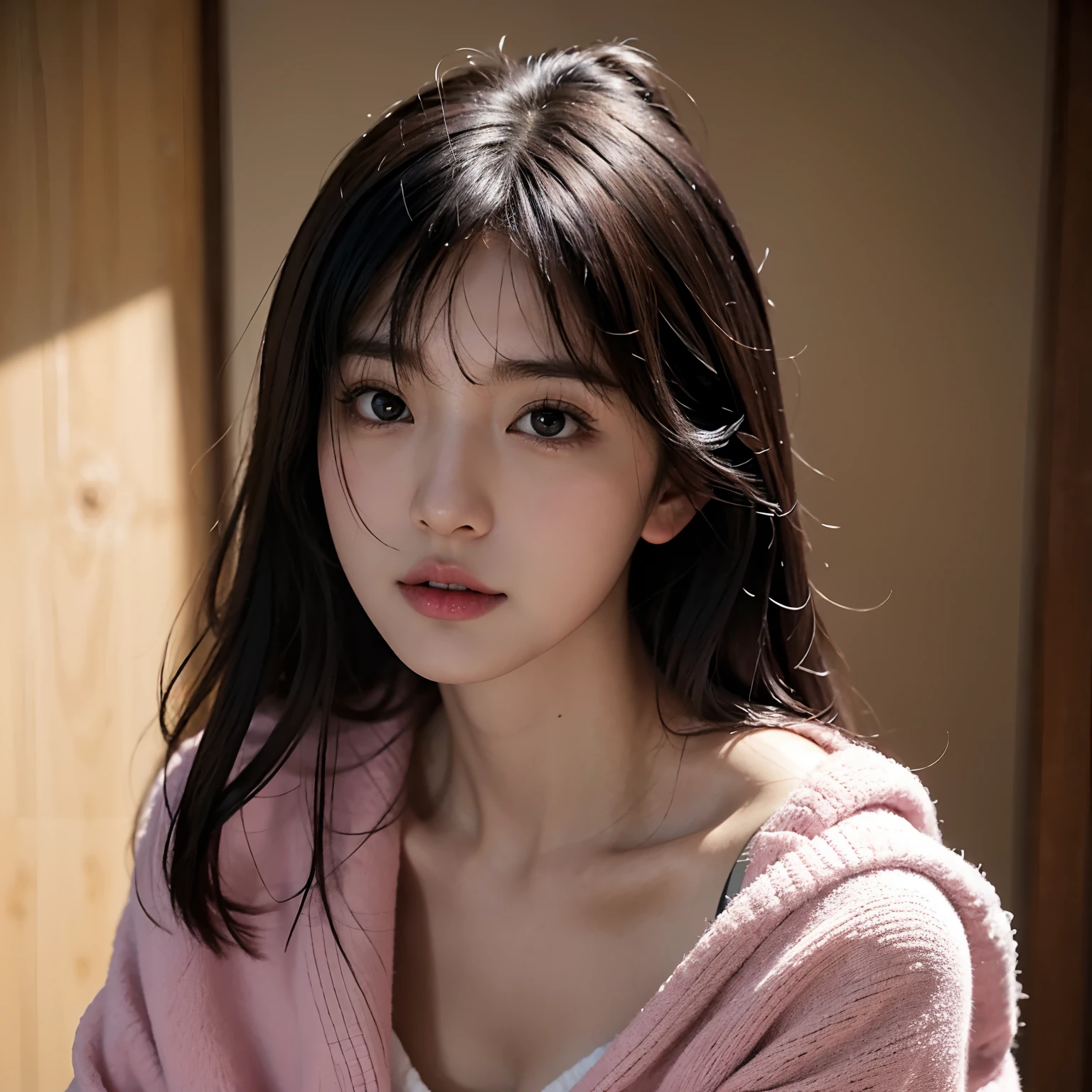 Japanese girl, large chest, fleece, edging, covered,ahegao face, medium length black hair, bangs, brown eyes, light pink lips, sharp chin, thin neck, hyper realism, realistic