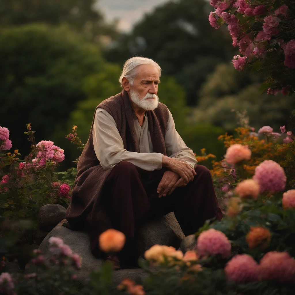 old man, bust shot, wise, religious, sitting on rock, in blooming garden at dusk, frontal shot