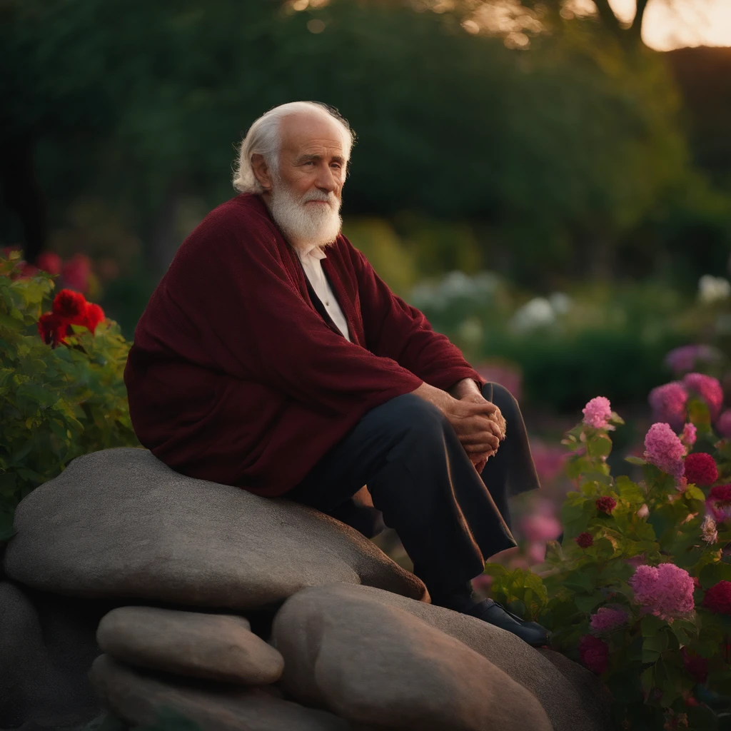 old man, bust shot, wise, religious, sitting on rock, in blooming garden at dusk, frontal  shot