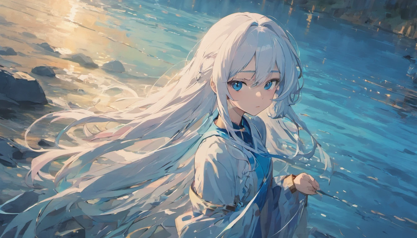 girl,Long white hair,blue colored eyes,eventide,mountain ranges,lake water,Back Shadow,sad,
