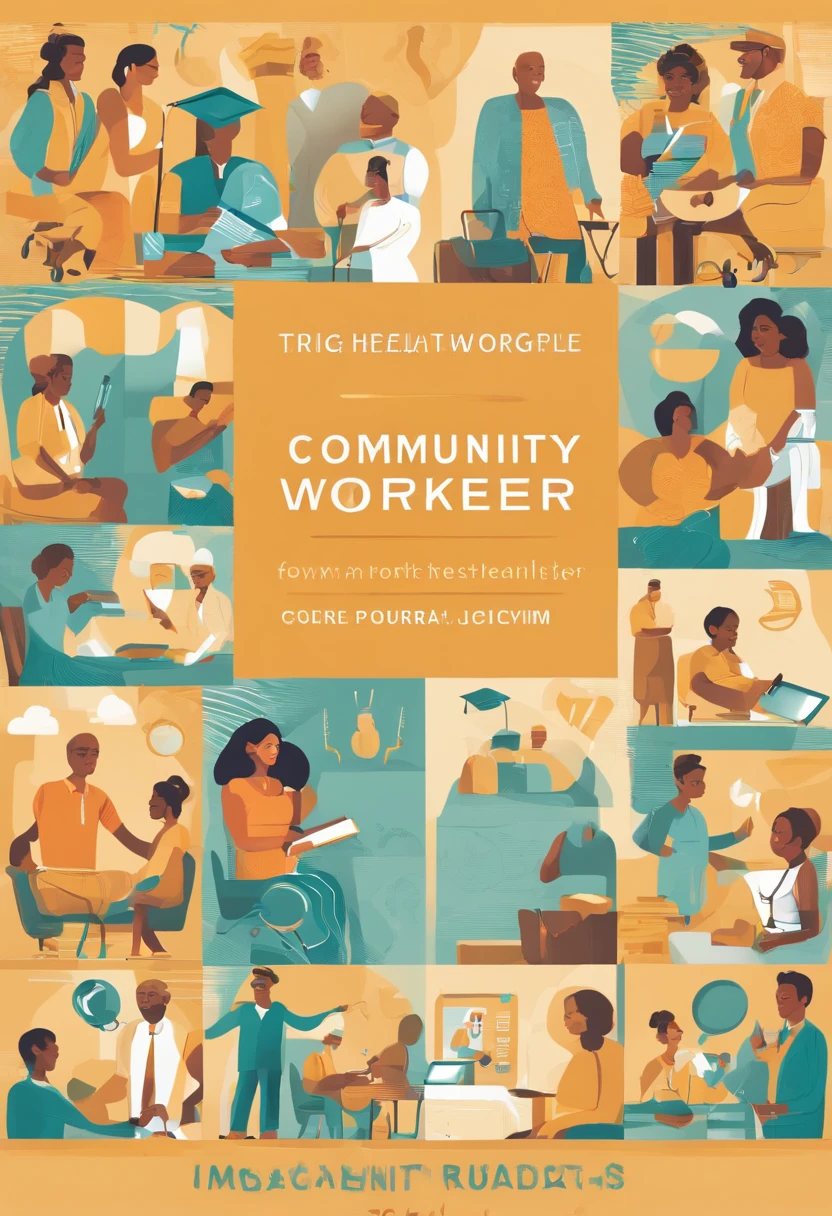 Create an eye-catching and visually captivating cover for the 'Community Health Worker Training Program'. The cover should convey a sense of community, Healthcare & Professionalism. Use vibrant colors and engaging imagery to capture the essence of this program, which aims to empower individuals to have a positive impact on the health of the community. Feel free to incorporate relevant symbols or icons, as a stethoscope, a heart, a friendly community or healthcare environment. The title should be prominent and easy to read. Be creative and design a cover that will appeal to future students and communicate the importance of this course.