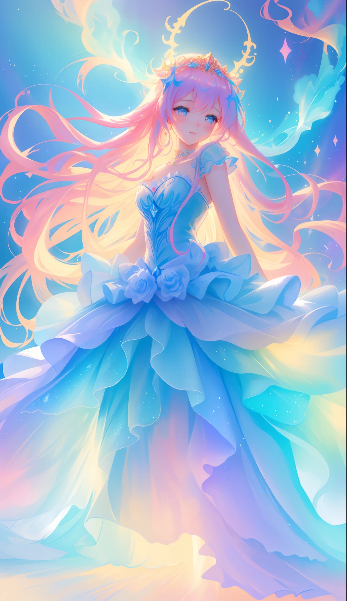 beautiful girl, puffy tiered ballgown, vibrant pastel colors, (colorful), glowing golden long hair, magical lights, sparkling magical liquid, inspired by Glen Keane, inspired by Lois van Baarle, disney art style, by Lois van Baarle, glowing aura around her, by Glen Keane, jen bartel, glowing lights! digital painting, flowing glowing hair, glowing flowing hair, beautiful digital illustration, fantasia background, whimsical, magical, fantasy, ((beautiful face)), ((masterpiece, best quality)), intricate details, highly detailed, sharp focus, 8k resolution, sparkling detailed eyes, liquid watercolor