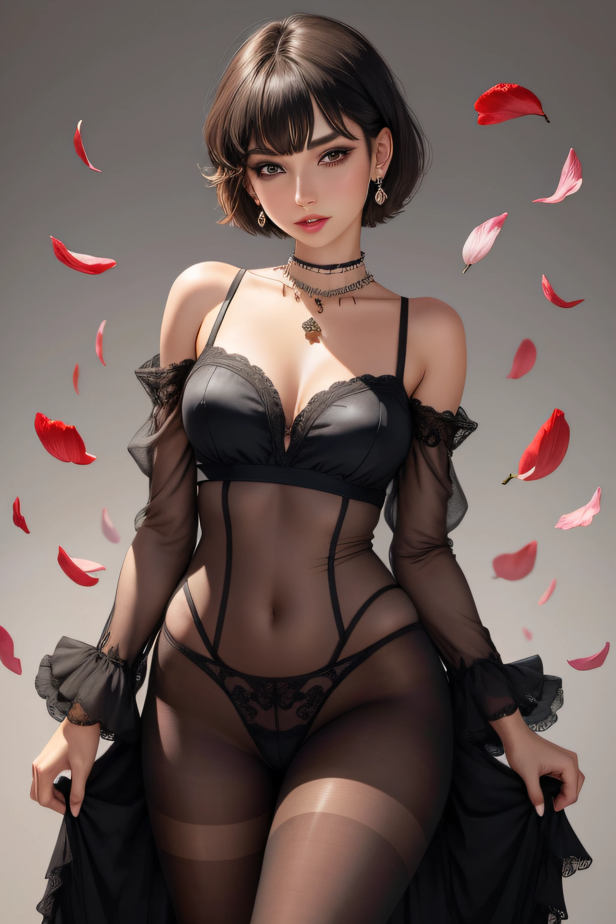 1girl, solo, looking at viewer, short hair, simple background, jewelry,earrings, parted lips, lips, petals, eyelashes,makeup,full body,pantyhose