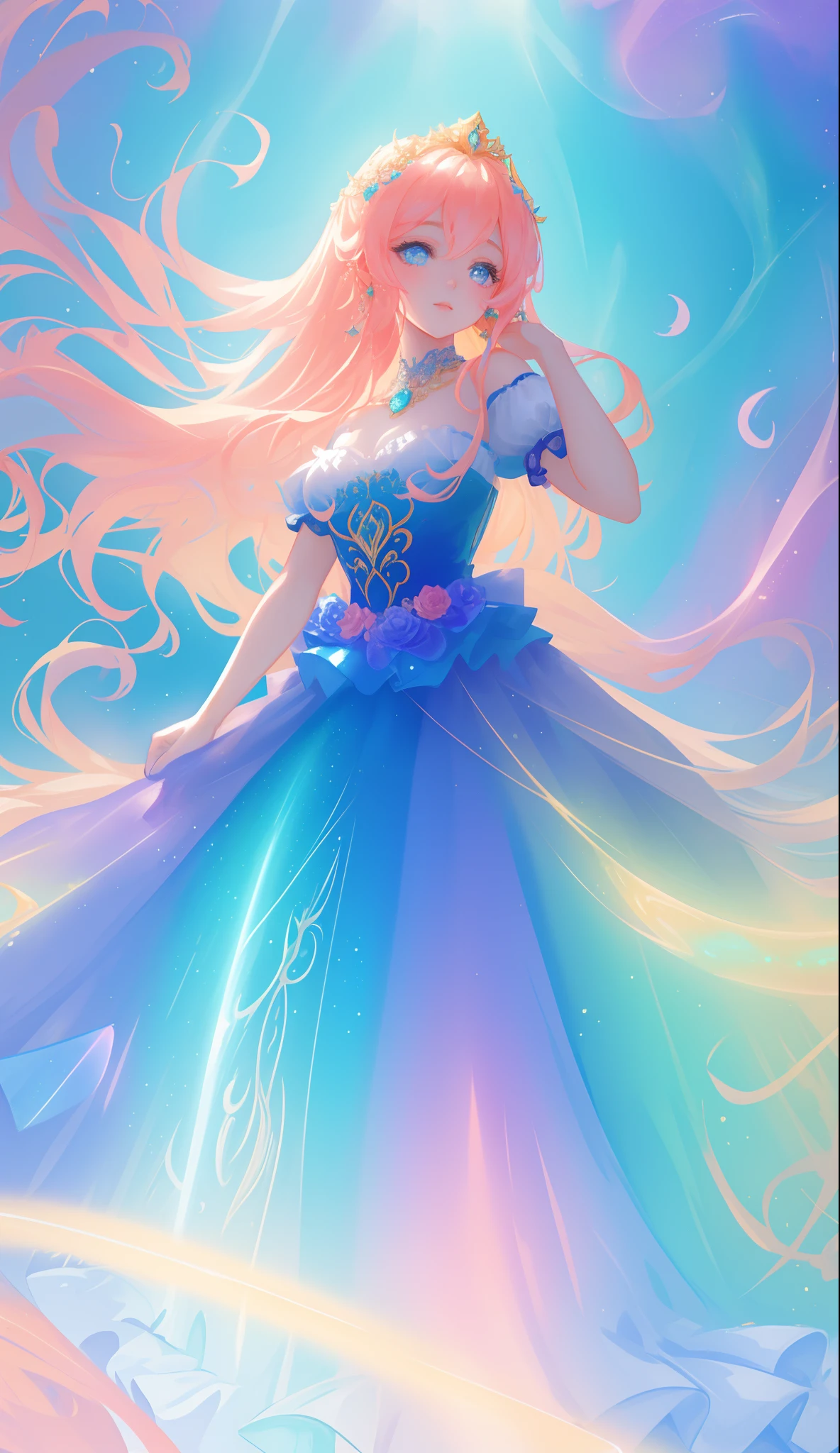 beautiful girl, puffy tiered ballgown, vibrant pastel colors, (colorful), glowing golden long hair, magical lights, sparkling magical liquid, inspired by Glen Keane, inspired by Lois van Baarle, disney art style, by Lois van Baarle, glowing aura around her, by Glen Keane, jen bartel, glowing lights! digital painting, flowing glowing hair, glowing flowing hair, beautiful digital illustration, fantasia background, whimsical, magical, fantasy, ((beautiful face)), ((masterpiece, best quality)), intricate details, highly detailed, sharp focus, 8k resolution, sparkling detailed eyes, liquid watercolor
