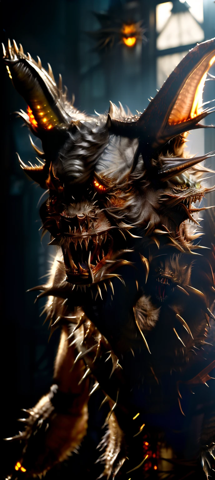 Gremlins movie, scary gremlin, portrait, Gremlins 2 movie, horror film, professional portrait, scary, perfect lighting, 8k photography, most detailed, most realistic, reflection, creature, scales, scary face, very realistic, monster character, (growling towards viewer:1.8), smokey scene, full moon, reptile