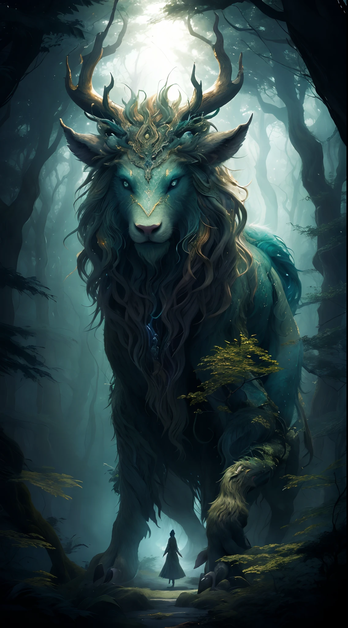 (best quality:1.2, highres, masterpiece:1.2), realistic, fantasy art, forest spirit, portrait, mythical creature, giant animal, woman standing, forest deity, a digital painting depicting the portrait of an impressive forest spirit, created by Maxim Verezin, featuring a woman standing in front of a colossal animal in a mystical forest. The forest spirit's presence emanates an ethereal aura, with its majestic horns and otherworldly presence. The artist has skillfully captured the essence of the mystical forest and brought it to life in this stunning masterpiece. The colors used in the painting are rich and vibrant, evoking a sense of enchantment and wonder. The lighting in the scene is soft and diffused, casting a gentle glow on the woman and the forest spirit, creating a magical ambiance. The painting portrays a harmonious blend of fantasy and realism, inviting the viewers into a captivating world where mythical creatures and humans coexist in harmony，dahuangdongjing，The front hooves are slightly curved，in syle of dark green