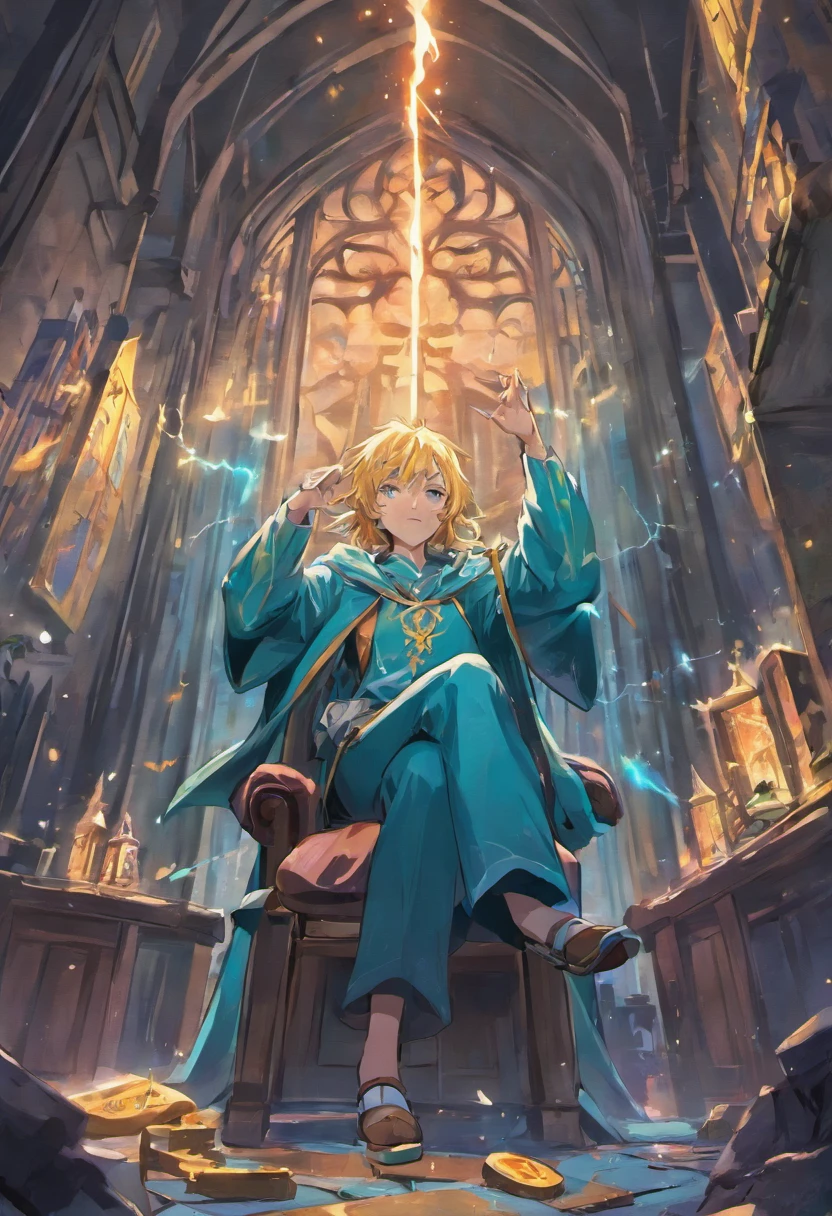90's style teenager Wizard, Hogwarts student (17 years old) digital art, chilling, awesome lightning, in his room, playing magic the gathering