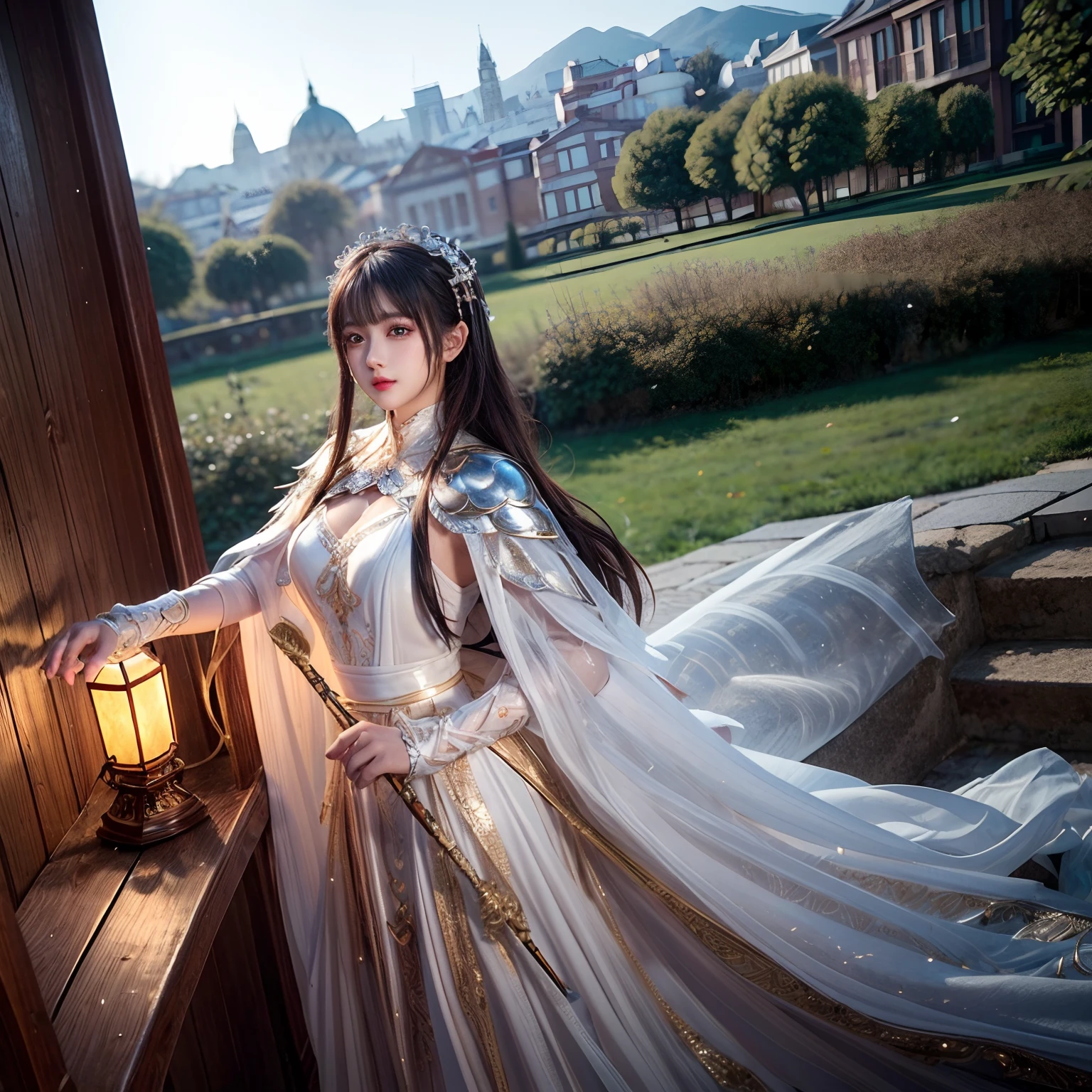 ((masterpiece))), (((best quality))), ((ultra-detailed)), (hyperrealistic), (highly detailed CG illustration), cinematic light, photorealistic ,extremely beautiful young lady, light makeup, intricate detailed eaba, white intricate cape, dynamic pose, spear
