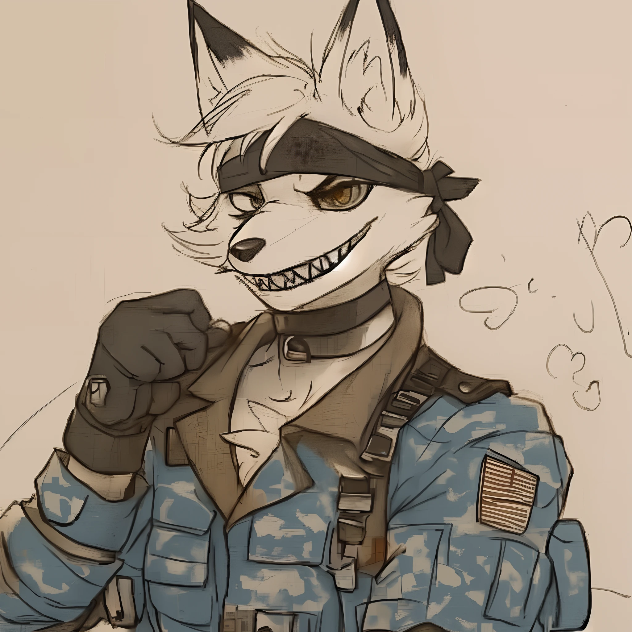 furry art, commission, smug grin, smug smirk, metal gear, eye patch, bandana, wearing red military fatigues, line art, wearing gloves, white fur, wearing choker, sharp teeth, solo, fox