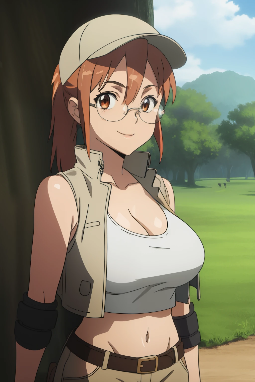 (masterpiece, best quality:1.2),illustration,8k,hd,1girl,solo,upper body,(portrait:1.2),large breasts,round eyewear,hat,crop top,midriff,gloves,navel,baseball cap,knee pads,short shorts,ponytail,boots,brown eyes,brown shorts,belt,smile, pack,brown headwear,red hair,hip vent,tank top,long hair,vest,huge breasts, upper body,outdoors, ((glasses 1.2))