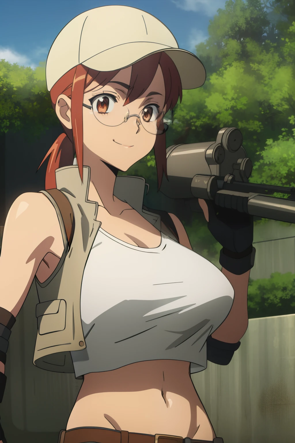 (masterpiece, best quality:1.2),illustration,8k,hd,1girl,solo,upper body,(portrait:1.2),large breasts,round eyewear,hat,crop top,midriff,gloves,navel,baseball cap,knee pads,short shorts,ponytail,boots,brown eyes,brown shorts,belt,smile, pack,brown headwear,red hair,hip vent,tank top,long hair,vest,huge breasts, upper body,outdoors, ((glasses 1.2))