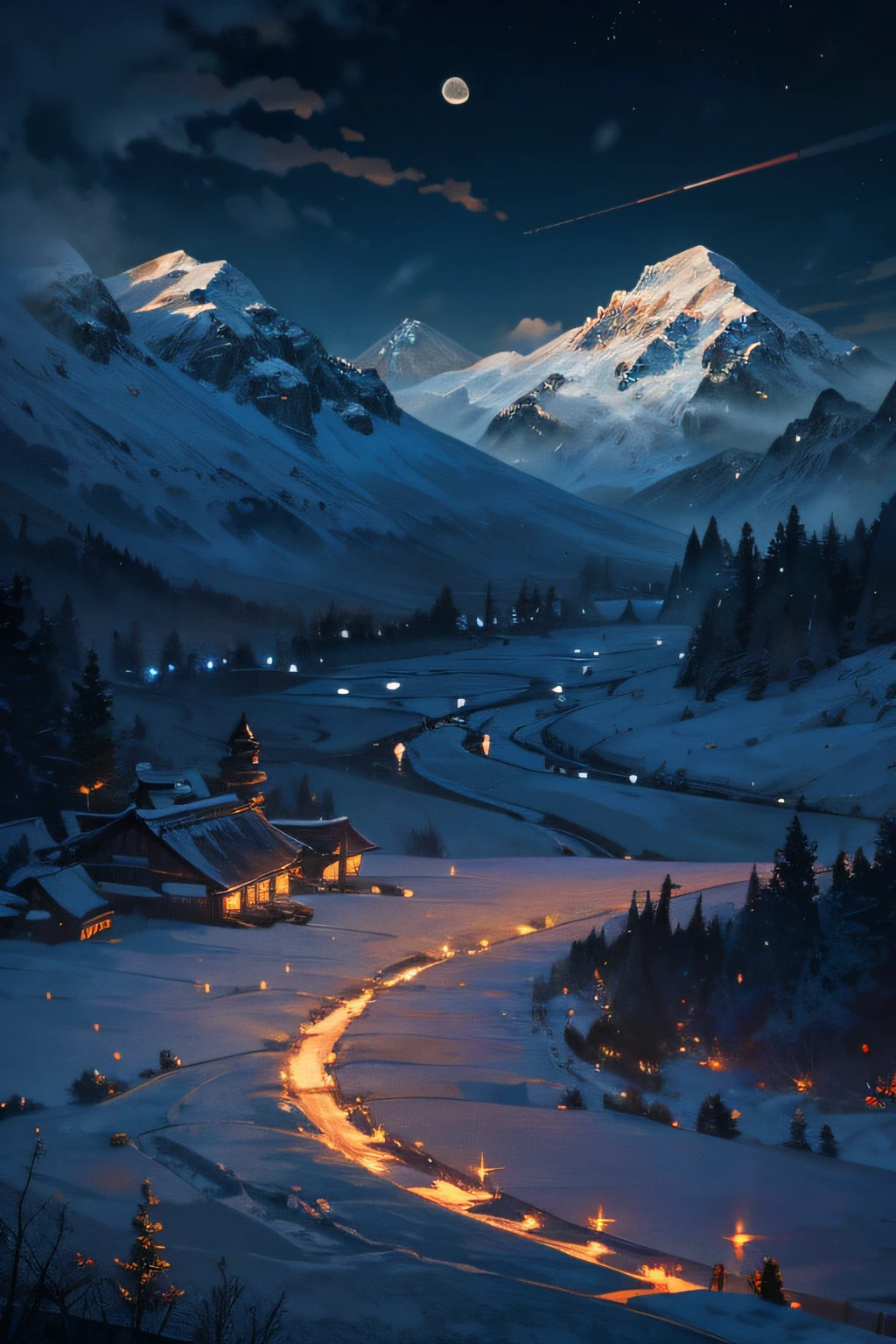 Generate a captivating digital artwork featuring Snow White as the central character, set in a tranquil nighttime scene. Place Snow White in the foreground, illuminated by the moon's soft glow. In the middle ground, depict an intricate agrarian landscape, including rustic farmhouses, fields, and winding paths. In the far distance, illustrate snow-covered mountains that stand under the moonlight. Ensure that the moon's reflection shimmers on the distant rice paddies, creating a harmonious and dreamy composition.