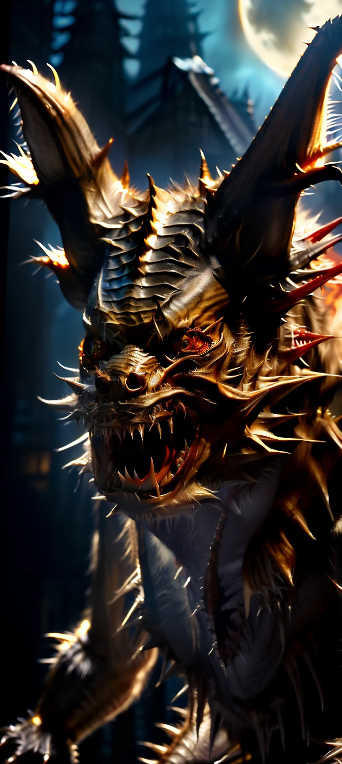 Gremlins movie, scary gremlin, portrait, Gremlins 2 movie, horror film, professional portrait, scary, perfect lighting, 8k photography, most detailed, most realistic, reflection, creature, scales, scary face, very realistic, monster character, (growling towards viewer:1.8), smokey scene, full moon