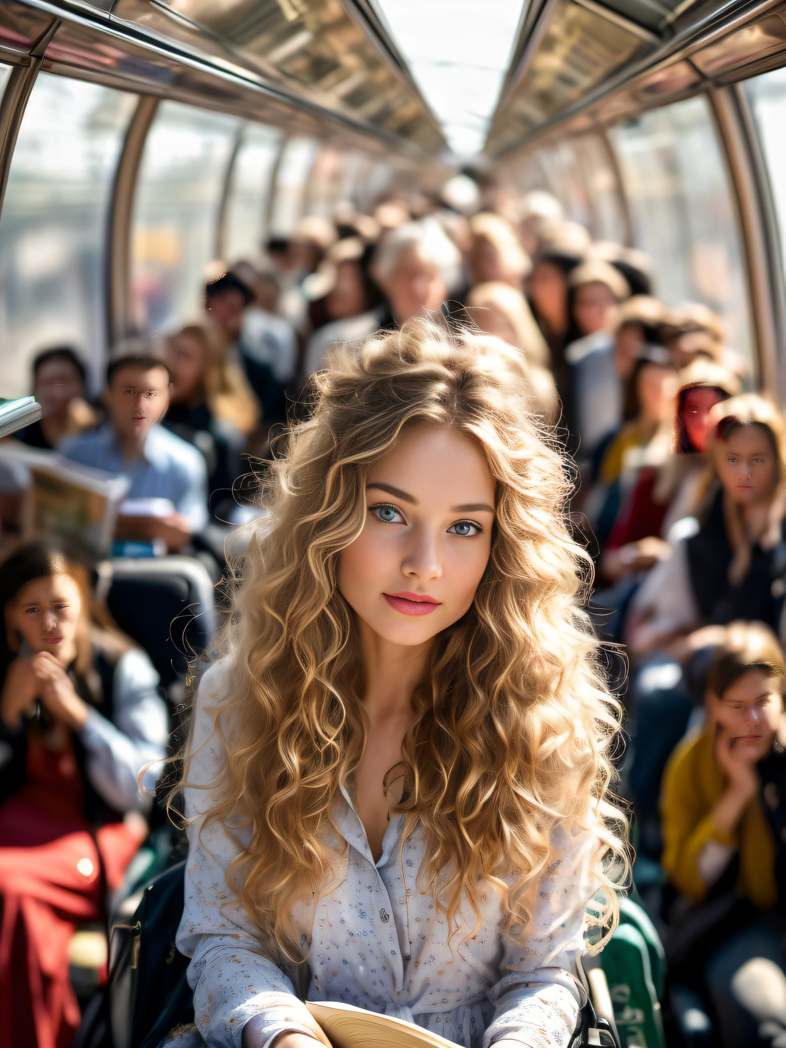 (best quality,8k,HDR:1.2),ultra-realistic,beautiful well-proportioned woman riding on a train standing in the middle of a crowd,depth of field,perfect face, perfect hands,hyper definition, vibrant colors,long golden hair flowing in the wind,sparkling green eyes,rosy cheeks,delicate eyelashes,lustrous lips,wearing a stylish red dress,conﬁdent and graceful posture,engrossed in a book,people around her wearing diverse clothing and expressions in a busy train station,sunlight streaming through the windows,casting warm rays of light on the scene