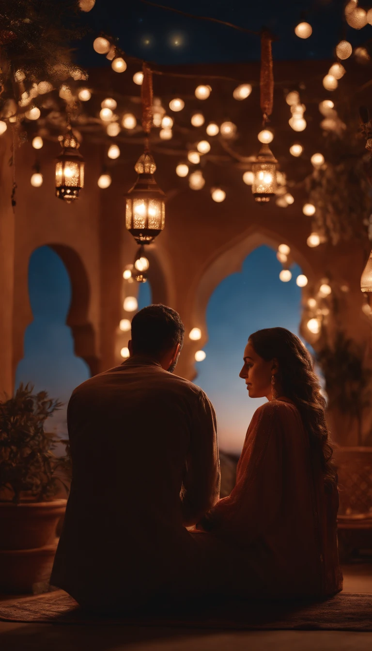 hyper realistic photo, ultra detailed photograph of a beautiful Moroccan rooftop, man and woman from behind, face hidden, towards view, praying together, photorealistic, riad rooftop, Amazigh pillows, Marrakech view, stunning moon, shimmering stars, iridescent, hyperrealism, moroccan lamps, Ultra photoreal, Intricate details, Ultra detailed, photorealistic, great high details, hyper real photo, 8k, extreme quality, gorgeous roses, exotic, glimmering lights, magical, romantic, wishing
