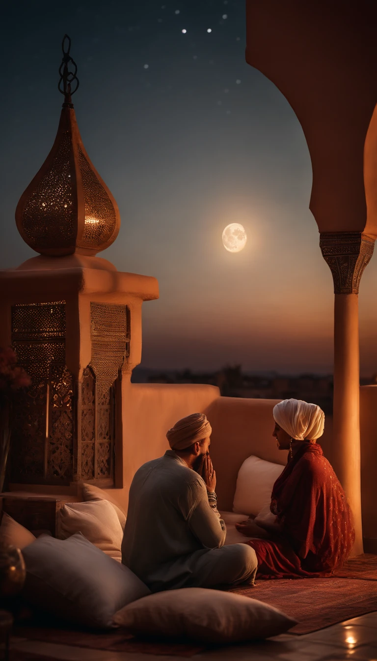 hyper realistic photo, ultra detailed photograph of a beautiful Moroccan rooftop, man and woman from behind, face hidden, towards view, praying together, photorealistic, riad rooftop, Amazigh pillows, Marrakech view, stunning moon, shimmering stars, iridescent, hyperrealism, moroccan lamps, Ultra photoreal, Intricate details, Ultra detailed, photorealistic, great high details, hyper real photo, 8k, extreme quality, gorgeous roses, exotic, glimmering lights, magical, romantic, wishing