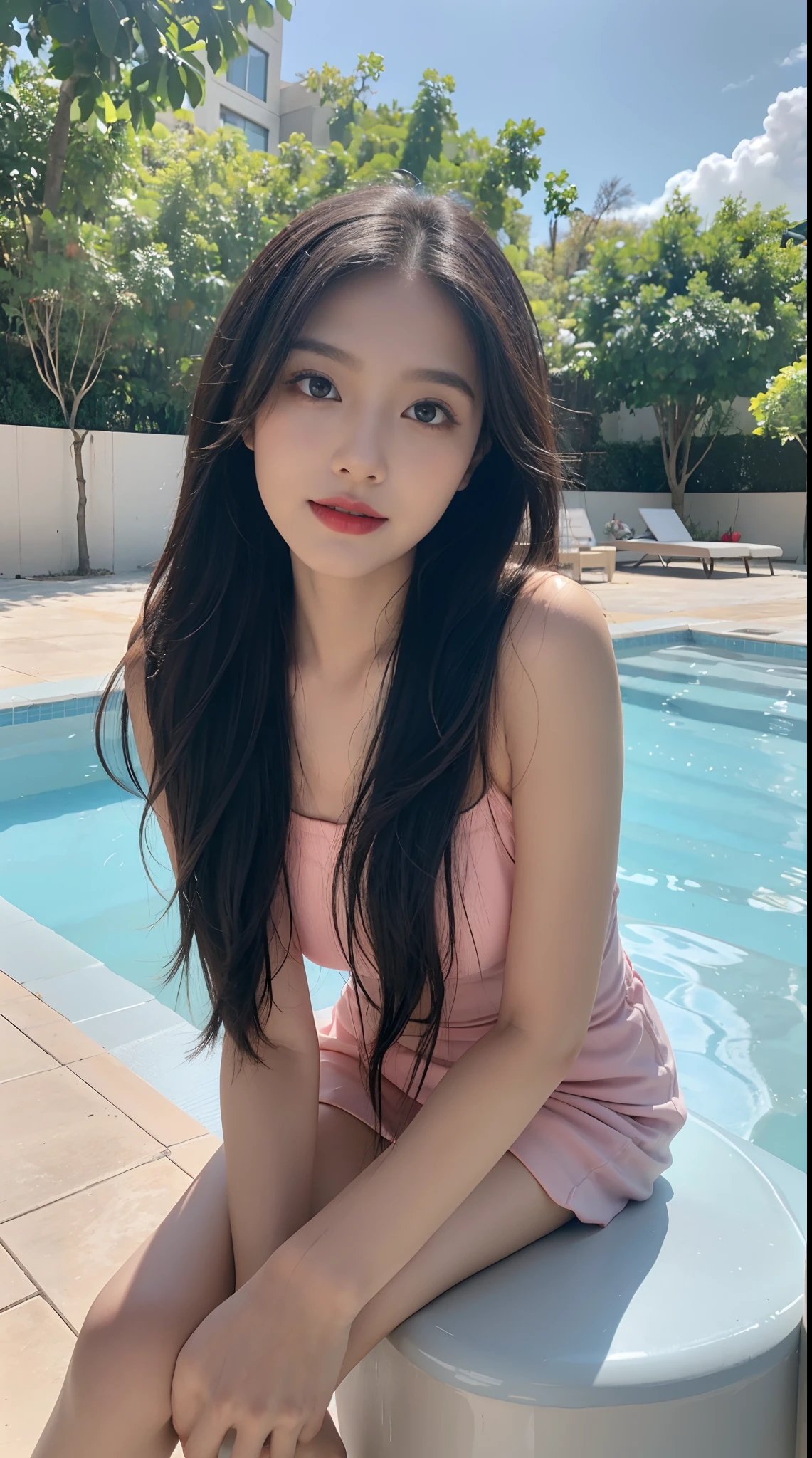 best qualtiy, 8K, tmasterpiece:1.3)), A pretty maiden,Pure,Melon seed face,gentle and cute,A sweet smile,Pure desire,Thin stature,(frontage),(Tilt your head),staring right into camera,uniform, Obi, formal,Black silky long, Straight hair,Long hair flowing over the shoulders,round black big eyes,Clear big eyes,Hydrated red lips,Sweet,Sitting next to the pool,with blue sky and white clouds,Blue skies,