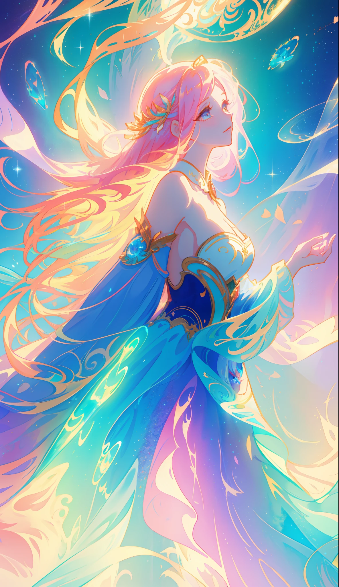 beautiful girl, puffy tiered ballgown, vibrant pastel colors, (colorful), glowing golden long hair, magical lights, sparkling magical liquid, inspired by Glen Keane, inspired by Lois van Baarle, disney art style, by Lois van Baarle, glowing aura around her, by Glen Keane, jen bartel, glowing lights! digital painting, flowing glowing hair, glowing flowing hair, beautiful digital illustration, fantasia background, whimsical, magical, fantasy, ((beautiful face)), ((masterpiece, best quality)), intricate details, highly detailed, sharp focus, 8k resolution, sparkling detailed eyes, liquid watercolor