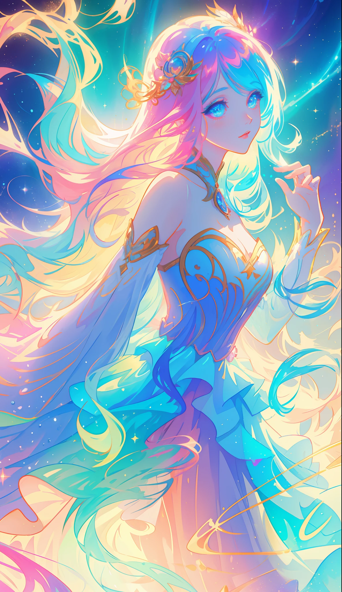 beautiful girl, puffy tiered ballgown, vibrant pastel colors, (colorful), glowing golden long hair, magical lights, sparkling magical liquid, inspired by Glen Keane, inspired by Lois van Baarle, disney art style, by Lois van Baarle, glowing aura around her, by Glen Keane, jen bartel, glowing lights! digital painting, flowing glowing hair, glowing flowing hair, beautiful digital illustration, fantasia background, whimsical, magical, fantasy, ((beautiful face)), ((masterpiece, best quality)), intricate details, highly detailed, sharp focus, 8k resolution, sparkling detailed eyes, liquid watercolor