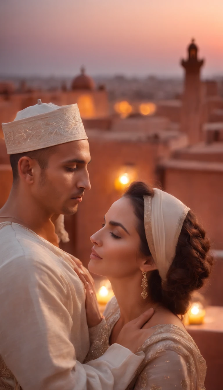 hyper realistic photo, ultra detailed photograph of a beautiful Moroccan rooftop, man and woman from behind, face hidden, towards view, praying together, photorealistic, riad rooftop, Amazigh pillows, Marrakech view, stunning moon, shimmering stars, iridescent, hyperrealism, moroccan lamps, Ultra photoreal, Intricate details, Ultra detailed, photorealistic, great high details, hyper real photo, 8k, extreme quality, gorgeous roses, exotic, glimmering lights, magical, romantic, wishing