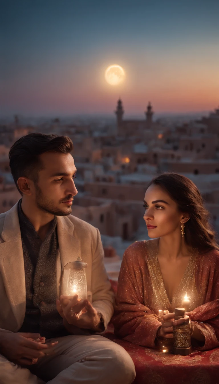 hyper realistic photo, ultra detailed photograph of a beautiful Moroccan rooftop, man and woman from behind, face hidden, towards view, praying together, photorealistic, riad rooftop, Amazigh pillows, Marrakech view, stunning moon, shimmering stars, iridescent, hyperrealism, moroccan lamps, Ultra photoreal, Intricate details, Ultra detailed, photorealistic, great high details, hyper real photo, 8k, extreme quality, gorgeous roses, exotic, glimmering lights, magical, romantic, wishing