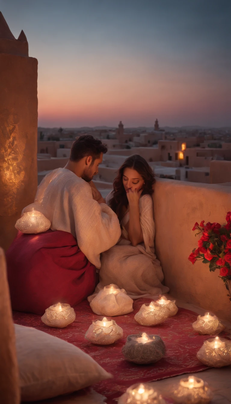 hyper realistic photo, ultra detailed photograph of a beautiful Moroccan rooftop, man and woman from behind, face hidden, towards view, praying together, photorealistic, riad rooftop, Amazigh pillows, Marrakech view, stunning moon, shimmering stars, iridescent, hyperrealism, moroccan lamps, Ultra photoreal, Intricate details, Ultra detailed, photorealistic, great high details, hyper real photo, 8k, extreme quality, gorgeous roses, exotic, glimmering lights, magical, romantic, wishing