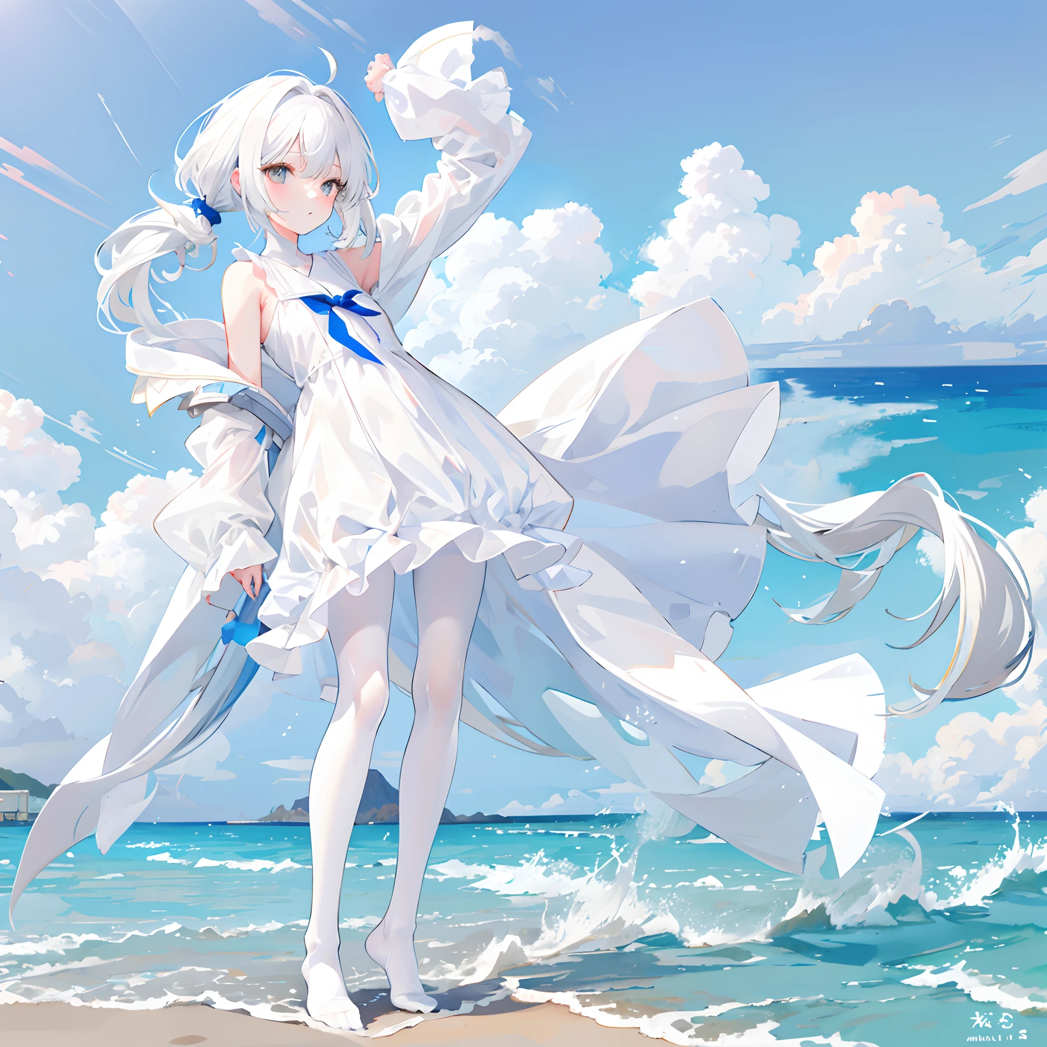 White color hair,Low ponytail,White eyes,By bangs,adolable,teens girl,wears a white dress,No shoes,White silk pantyhose,Standing on the ground,Background sandy beach,with blue sky and white clouds