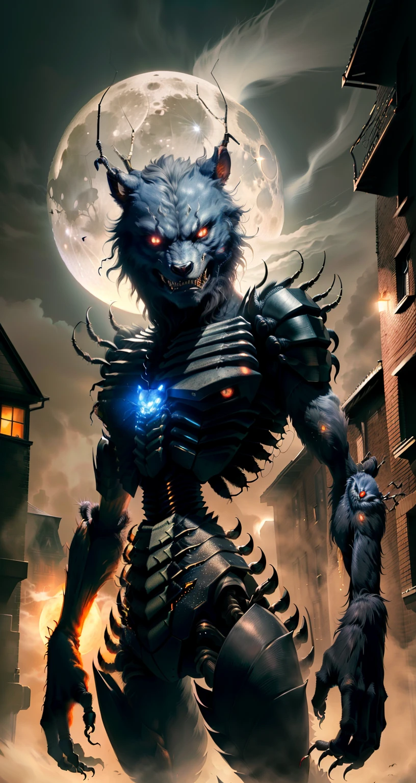 Creature in the mist, werewolf body, insect face and claws, ant mandibles, full moon, realistic, drooling, terror, (human monster:1.6), masterpiece, 8k photography, perfect lighting, animal and insect, glowing eyes, insect attacking, insect creature, scales