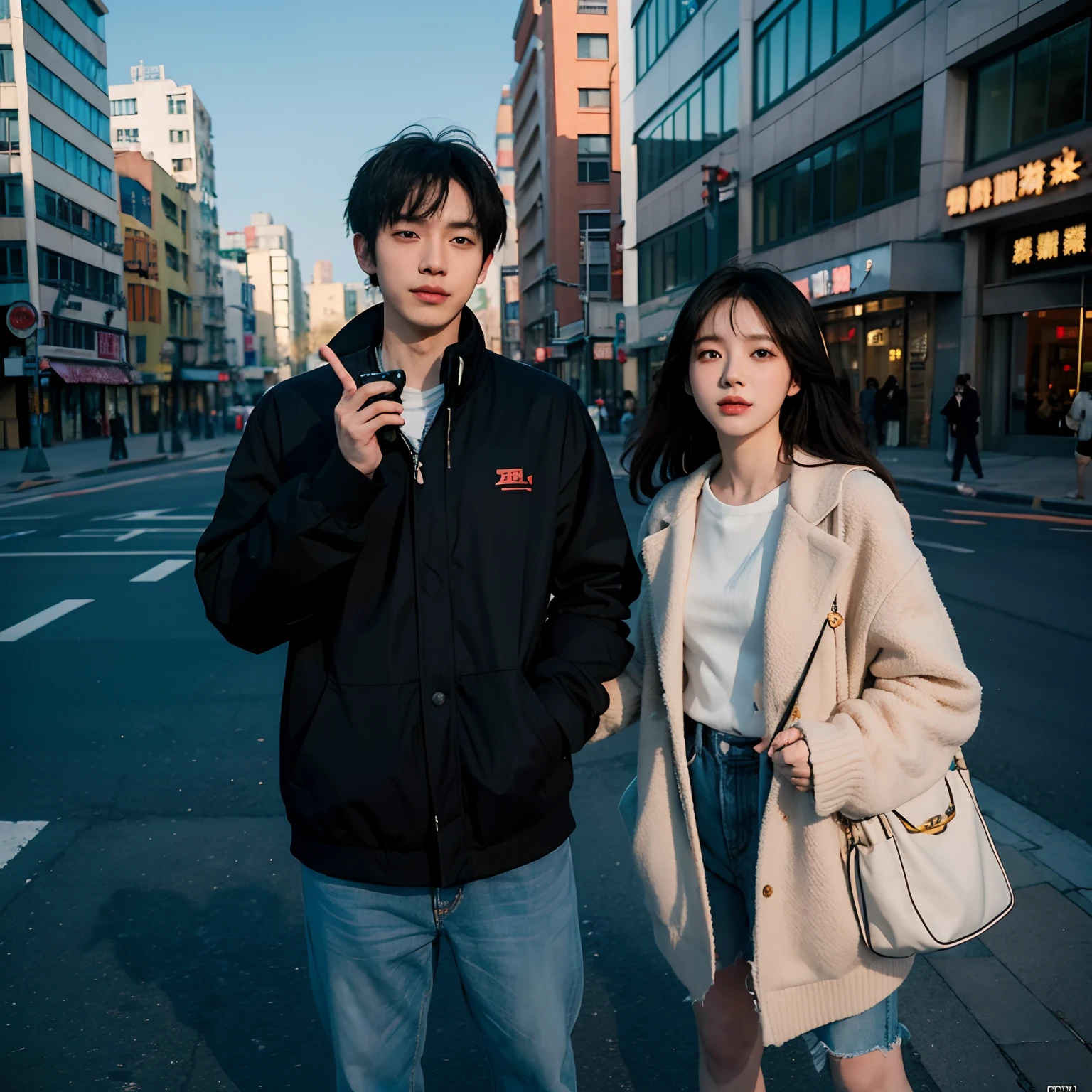 Anime couple taking pictures on the street of the city, Guviz-style artwork, Guviz, cute couple, by Yang J, by Li Song, ruan jia and artgerm, Couple Pose, by Ni Tian, by Ye Xin, Authors：Zhou Fang, Realistic. cheng yi, inspired by Yanjun Cheng, by Zeng Jing