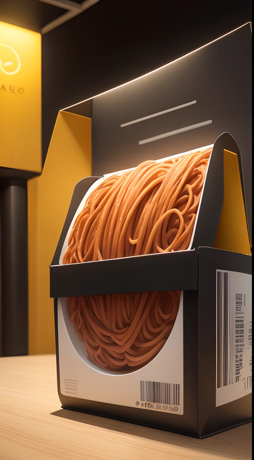 product photography: Spaghetti Bolognese in a modern black and yellow fast-food-style cardboard box , intrincado, epopeya, Altamente detallado, vibrante, food photography, anuncio publicitario, foto ganadora de premio ,Epic render, octano, Luces de acento, (retroiluminado:1.3), (Kinematic:1.3), Detalles intrincados, (Artstation:1.3)