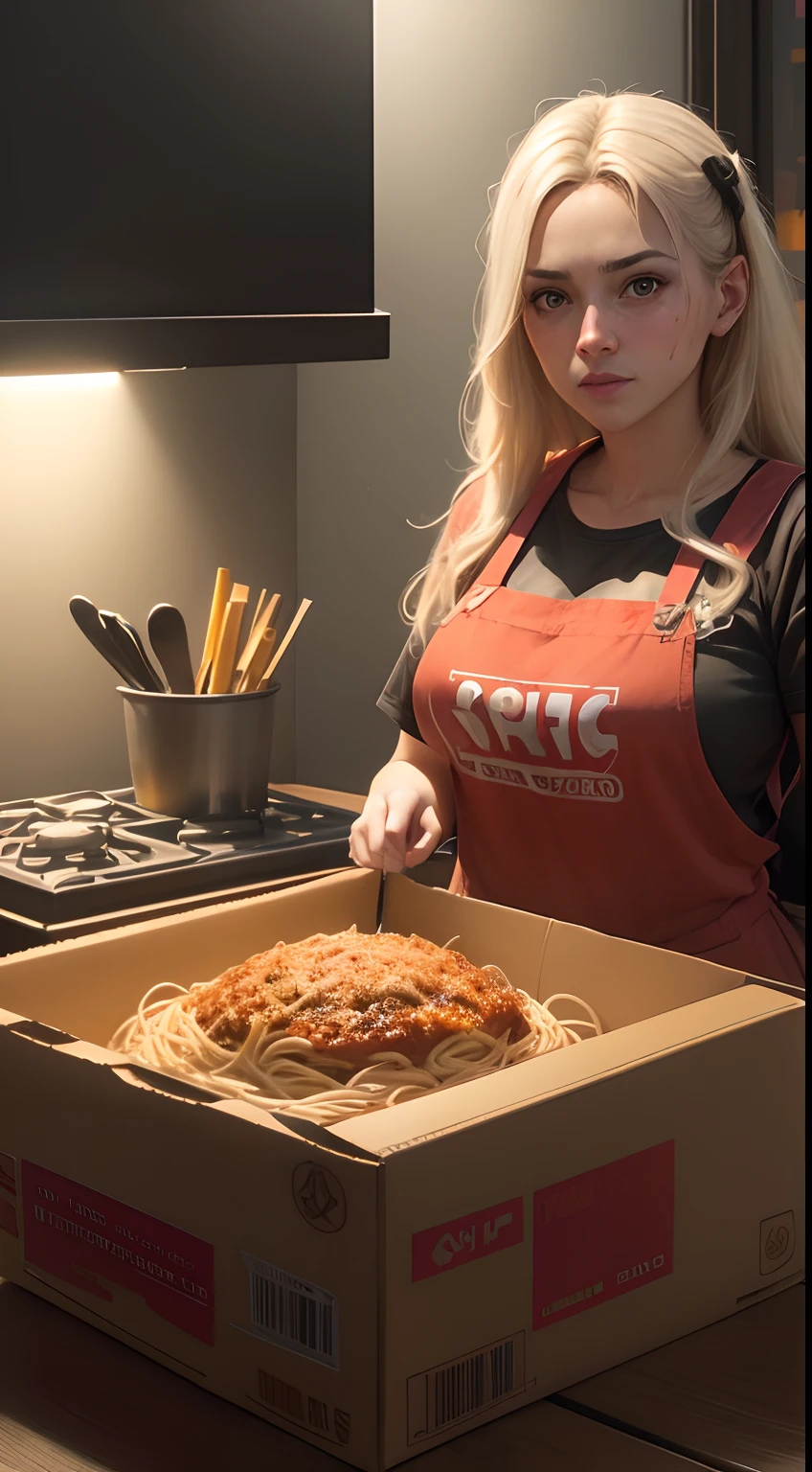 product photography: Spaghetti Bolognese in a modern black and yellow fast-food-style cardboard box , intrincado, epopeya, Altamente detallado, vibrante, food photography, anuncio publicitario, foto ganadora de premio ,Epic render, octano, Luces de acento, (retroiluminado:1.3), (Kinematic:1.3), Detalles intrincados, (Artstation:1.3)