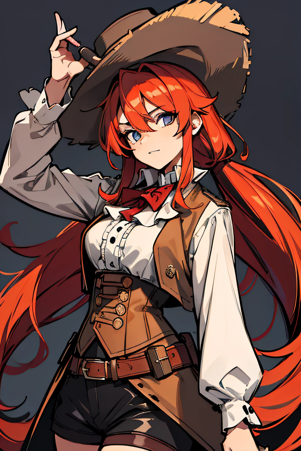 (absurdres, 8k, 4k, masterpiece, hyper extreme detailed:1.2), solo, 1girl, side view portrait, best quality, expressive eyes, perfect face, 1girl, portrait, solo, Female, mature female, adult, red hair, orange gradients, long braided tail, hair covering left eye, long hair, victorian clothing, adventurous, cool, confident, incredible, explorer, brown boots, shorts, long coat, bow, suave, charismatic, tan long sleeve shirt, frilly shirt, necklace, locket, cowboy shot, half body, perfect anatomy, hand brushing through hair, choker, brown corset, sash, large belt, feather plume, hat, victorian, Shakespearean, actor, theatrical, show off,