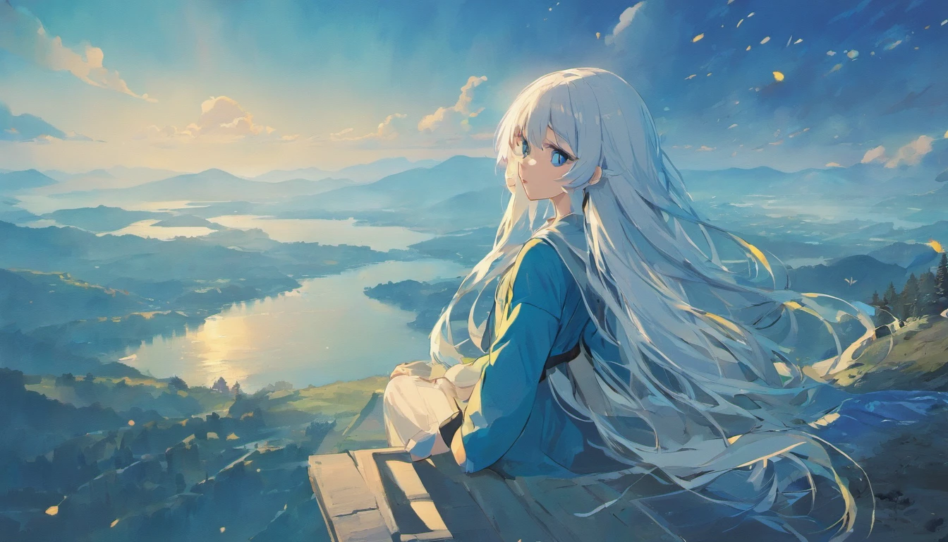 girl,Long white hair,blue colored eyes,,Back Shadow,eventide,mountain ranges,lake water,sad,scenic view