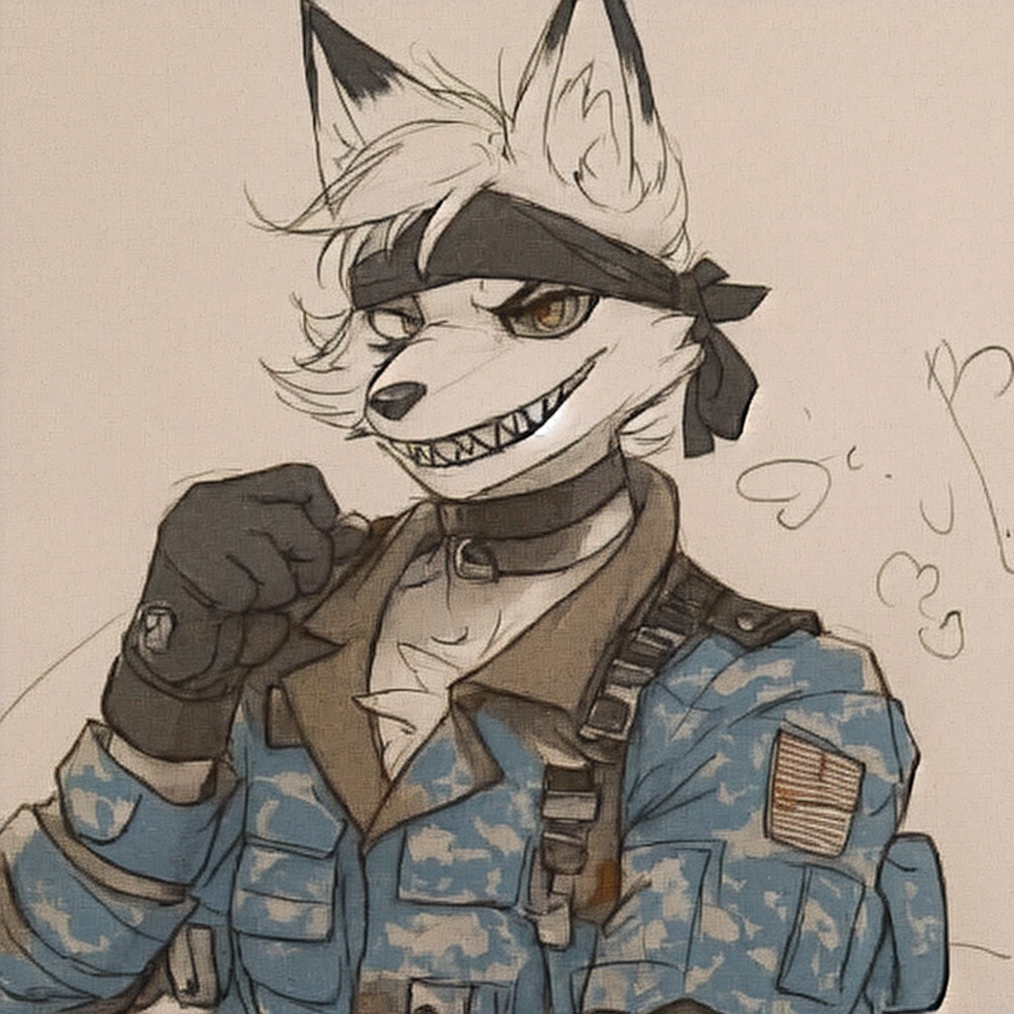 furry art, commission, smug grin, smug smirk, metal gear, eye patch, bandana, wearing red military fatigues, line art, wearing gloves, white fur, wearing choker, sharp teeth, solo, fox