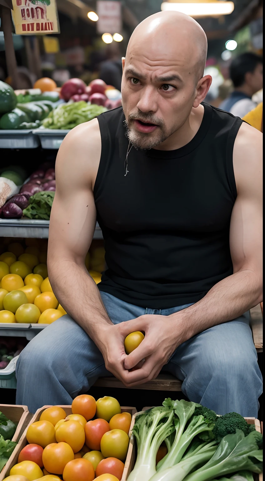 A guy is sitting in a chair in the bustling Divisoria market, surrounded by a variety of vegetables. He has a partially bald head and is wearing a casual sando. The market is filled with vibrant colors and liveliness, creating a chaotic atmosphere. The guy's expression is angry, reflecting his frustration with the chaotic surroundings. His eyes are narrowed, and his lips are tightly pressed together. The market's hustle and bustle contrasts with his stillness, emphasizing his discontent. The vegetables around him are fresh and abundant, forming a colorful backdrop for the scene.
The image quality should be the best, with a high resolution of 4k or 8k to capture the details of the market. The scene should be ultra-detailed, portraying the textures and intricacies of the vegetables and the guy's appearance. The colors should be vivid, reflecting the vibrant atmosphere of the market. To enhance the realism, professional studio lighting can be used to create realistic shadows and highlights.
The overall style of the image should be casual, capturing the everyday scene of a market. The tone is angry, conveying the guy's frustration with the chaotic environment. The lighting should emphasize the contrast between light and shadow, adding depth and dimension to the image.
In summary, the prompt is: "(best quality,4k,8k,highres), ultra-detailed, angry guy sitting in chair surrounded by vibrant vegetables in Divisoria market, wearing casual sando, vivid colors, professional studio lighting, casual style, angry tone."