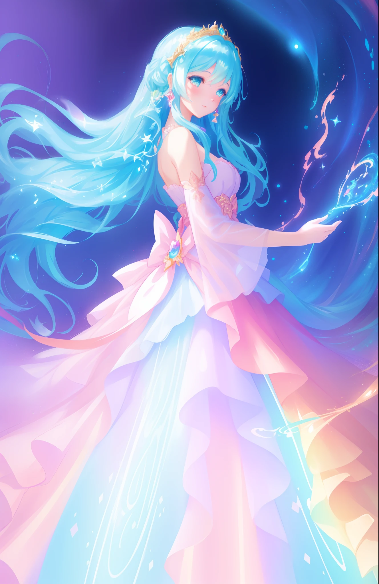 beautiful girl, puffy tiered ballgown, vibrant pastel colors, (colorful), glowing golden long hair, magical lights, sparkling magical liquid, inspired by Glen Keane, inspired by Lois van Baarle, disney art style, by Lois van Baarle, glowing aura around her, by Glen Keane, jen bartel, glowing lights! digital painting, flowing glowing hair, glowing flowing hair, beautiful digital illustration, fantasia background, whimsical, magical, fantasy, ((beautiful face)), ((masterpiece, best quality)), intricate details, highly detailed, sharp focus, 8k resolution, sparkling detailed eyes, liquid watercolor