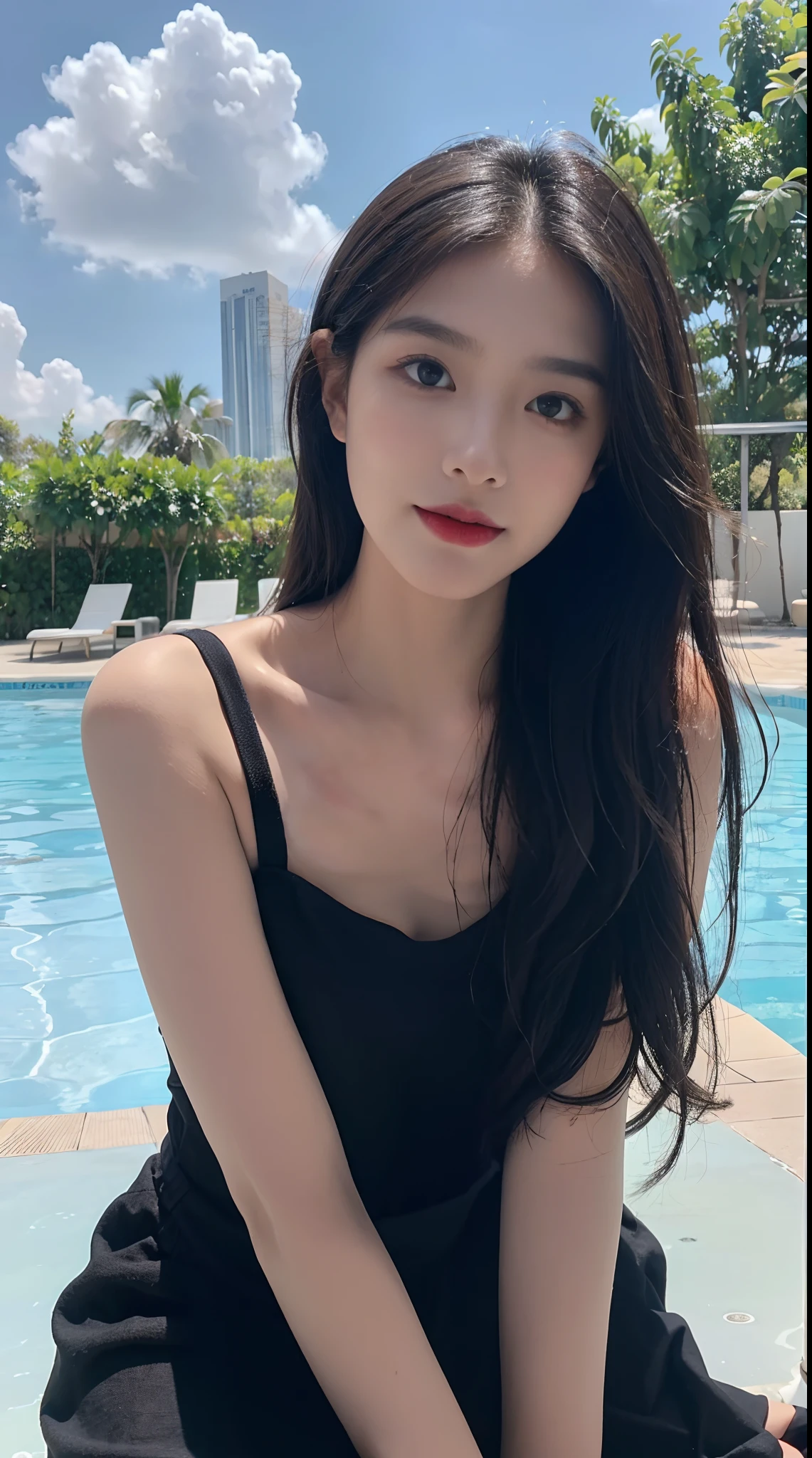 1 girl, full-body shot, (Luxury swimming pool),alone, long_hair, Predominant_Body, long hair, bright eyes, Mysterious expression, mature appearance, 纤细的Body, (Red bikini,Showing huge breasts)Show belly button, Giant breast symbol,cute accent, long black hair ,Black high heel sandals
