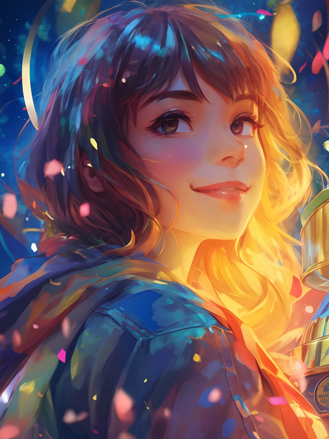 Character with a trophy of glory symbolizing success、a smile、Looking to the future