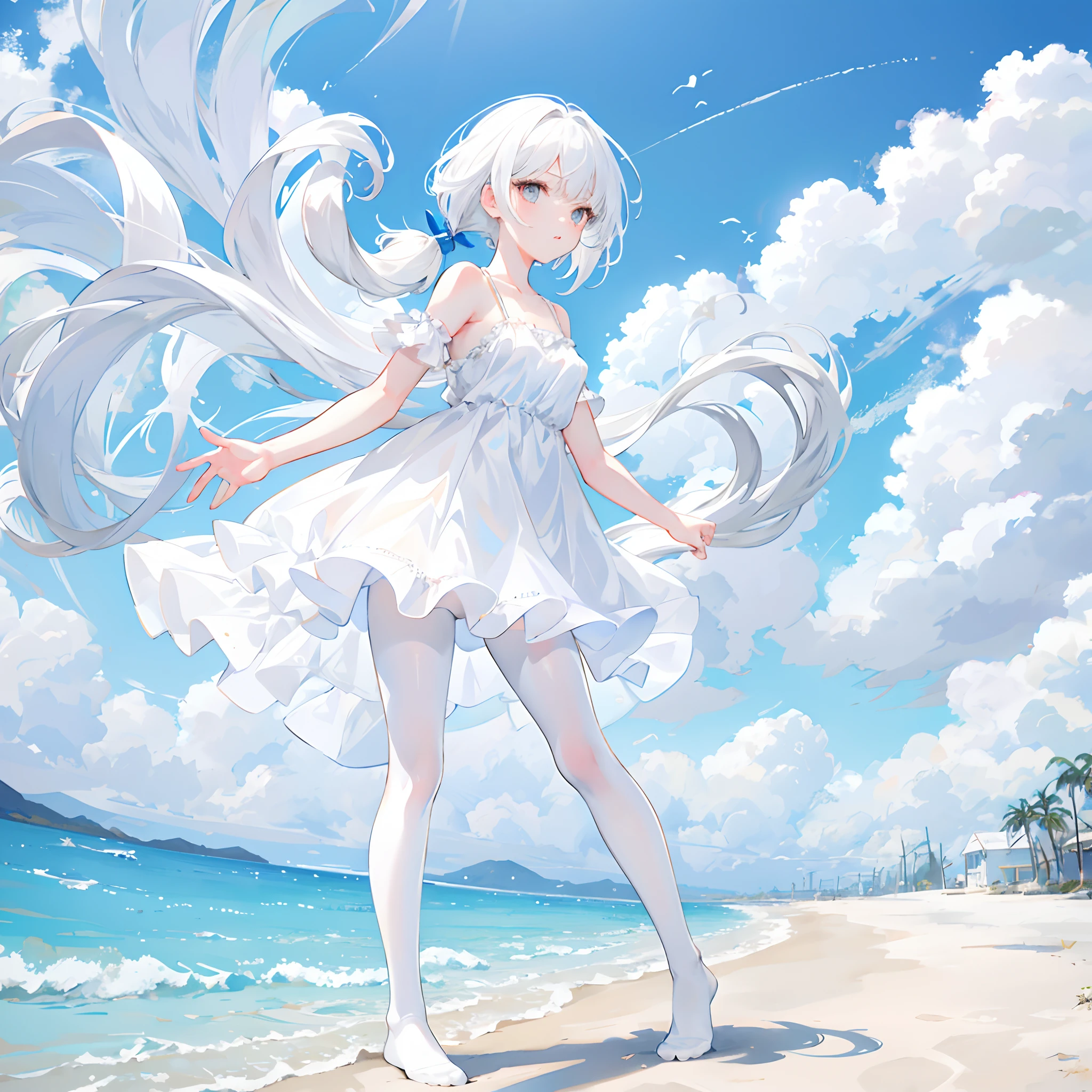 White color hair，Short low ponytail，White eyes，By bangs，adolable，teens girl，wears a white dress，No shoes，White silk pantyhose，Standing on the ground，Background sandy beach，with blue sky and white clouds