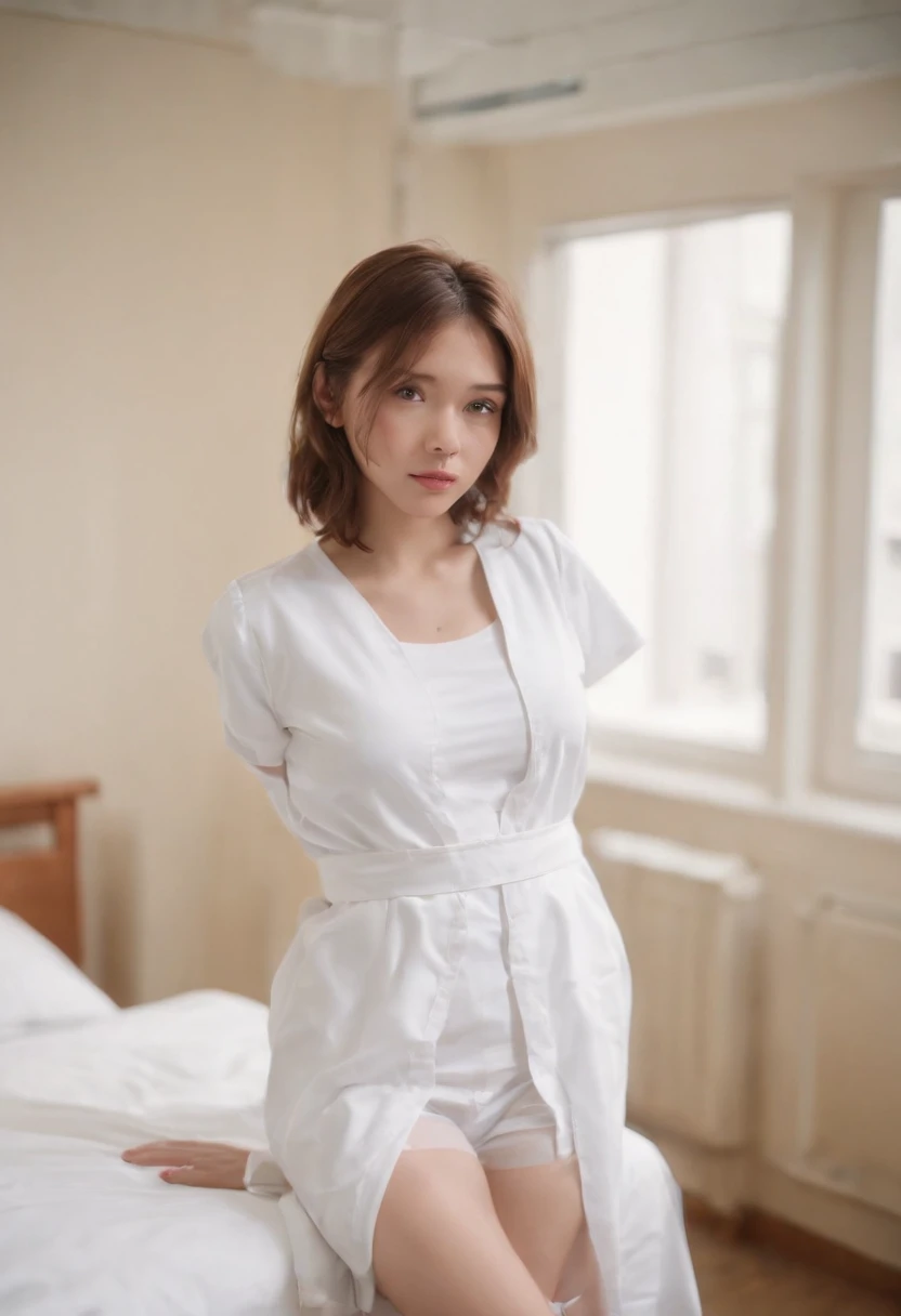 1girl in, , Whiteware, ((White legwear)), White Gloves, bob cuts, Brown hair, Standing, ((Hospital Room)), sharp outline, Short sleeves, Shota, 20 years old, Best Quality, masutepiece