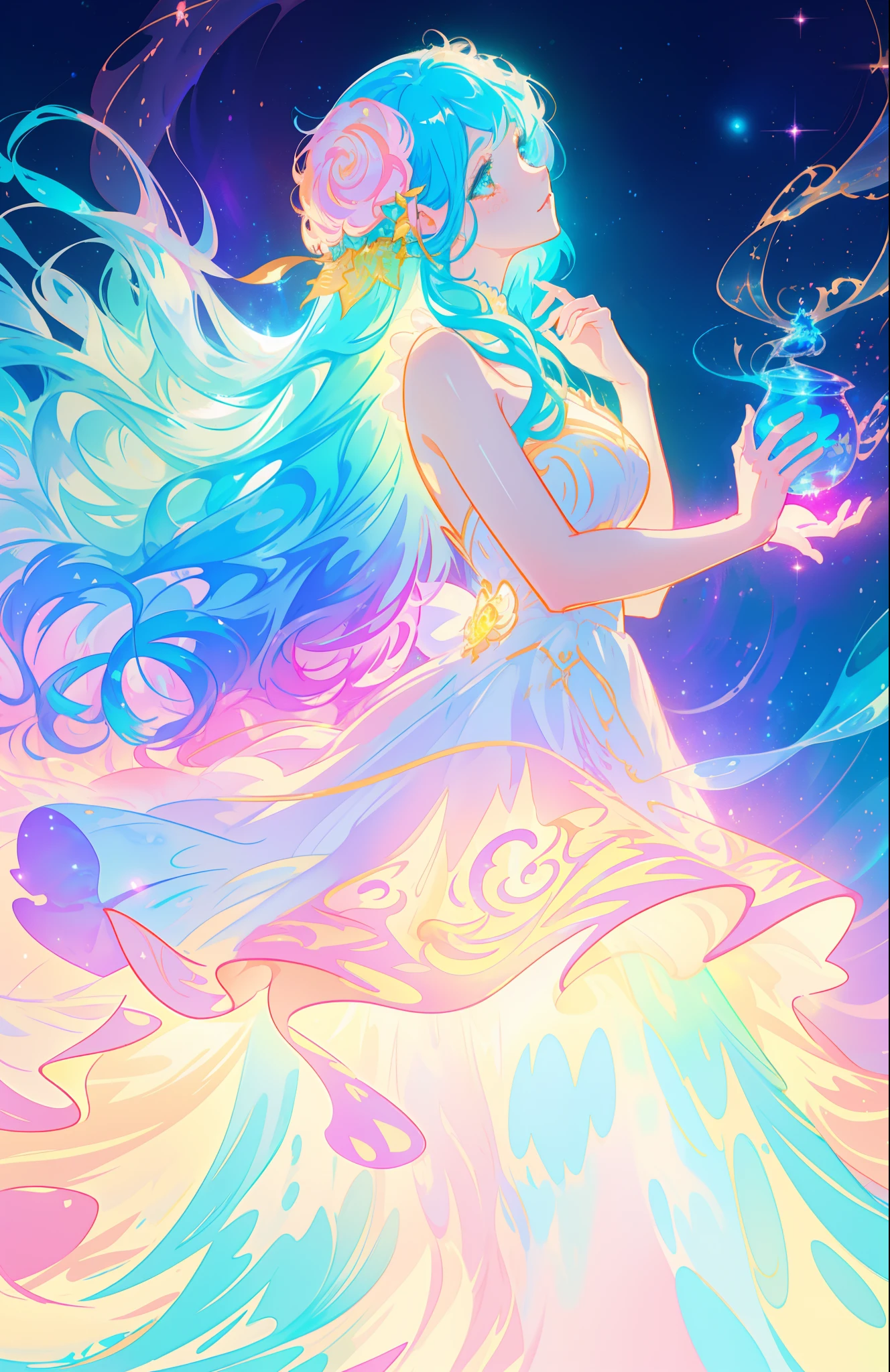 beautiful girl, puffy tiered ballgown, vibrant pastel colors, (colorful), glowing golden long hair, magical lights, sparkling magical liquid, inspired by Glen Keane, inspired by Lois van Baarle, disney art style, by Lois van Baarle, glowing aura around her, by Glen Keane, jen bartel, glowing lights! digital painting, flowing glowing hair, glowing flowing hair, beautiful digital illustration, fantasia background, whimsical, magical, fantasy, ((beautiful face)), ((masterpiece, best quality)), intricate details, highly detailed, sharp focus, 8k resolution, sparkling detailed eyes, liquid watercolor