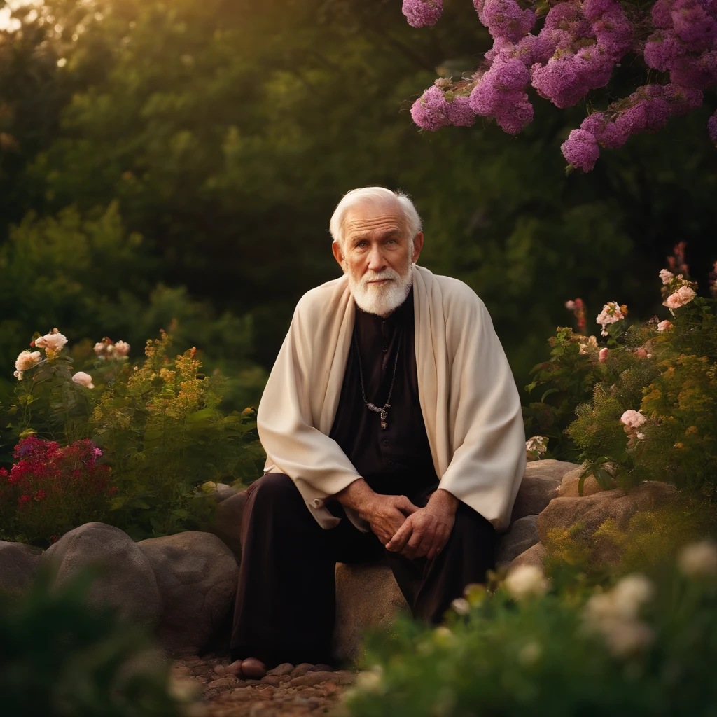 old man, bust shot, wise, religious, sitting on rock, in blooming garden at dusk, waist high front photo