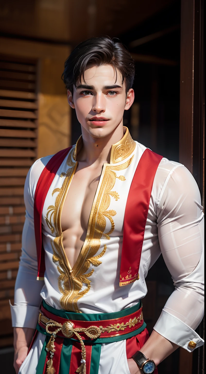 (((Men only))), ((head shot)), ((Pietro Boselli)), ((wearing an Indonesian traditional costume)), (Indonesian traditional costume reflects the diverse cultures of the nation, featuring vibrant fabrics, intricate patterns, and often includes a kebaya (blouse) for women and a batik shirt for men, with accessories such as sarongs and headpieces, creating a rich tapestry of heritage attire), ((Handsome muscle man in his 20s)), (Big smile), (detaile: 1 in 1), Natural muscles, HIG quality, beautidful eyes, (Detailed face and eyes), (Face、: 1 / 2), Noise, Real Photographics、... ......................................................................................................................PSD, Sharp Focus, High resolution 8K, realisitic & Professional Photography, 8K UHD, Soft lighting, High quality, Film grain, FujifilmXT3