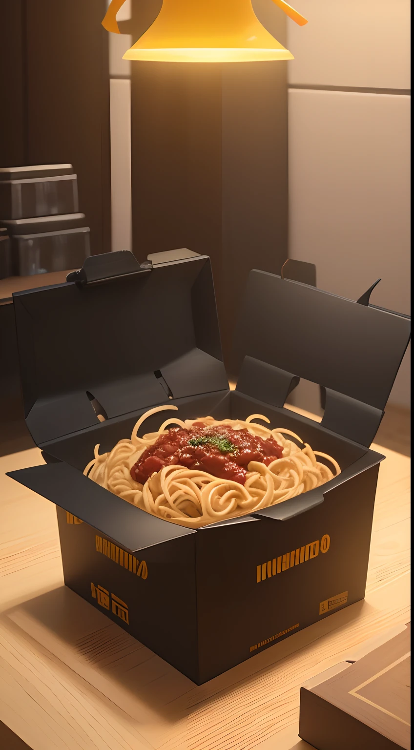 product photography: Spaghetti Bolognese in a modern black and yellow fast-food-style cardboard box , intrincado, epopeya, Altamente detallado, vibrante, food photography, a, foto ganadora de premio ,Epic render, octano, Luces de acento, (retroiluminado:1.3), (Kinematic:1.3), Detalles intrincados, (Artstation:1.3)