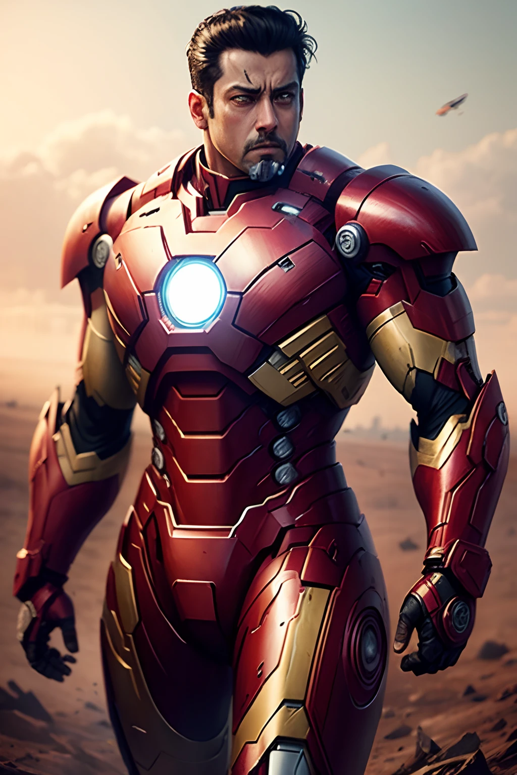 Salman khan in broken iron man suit in war field , ultra realistic
