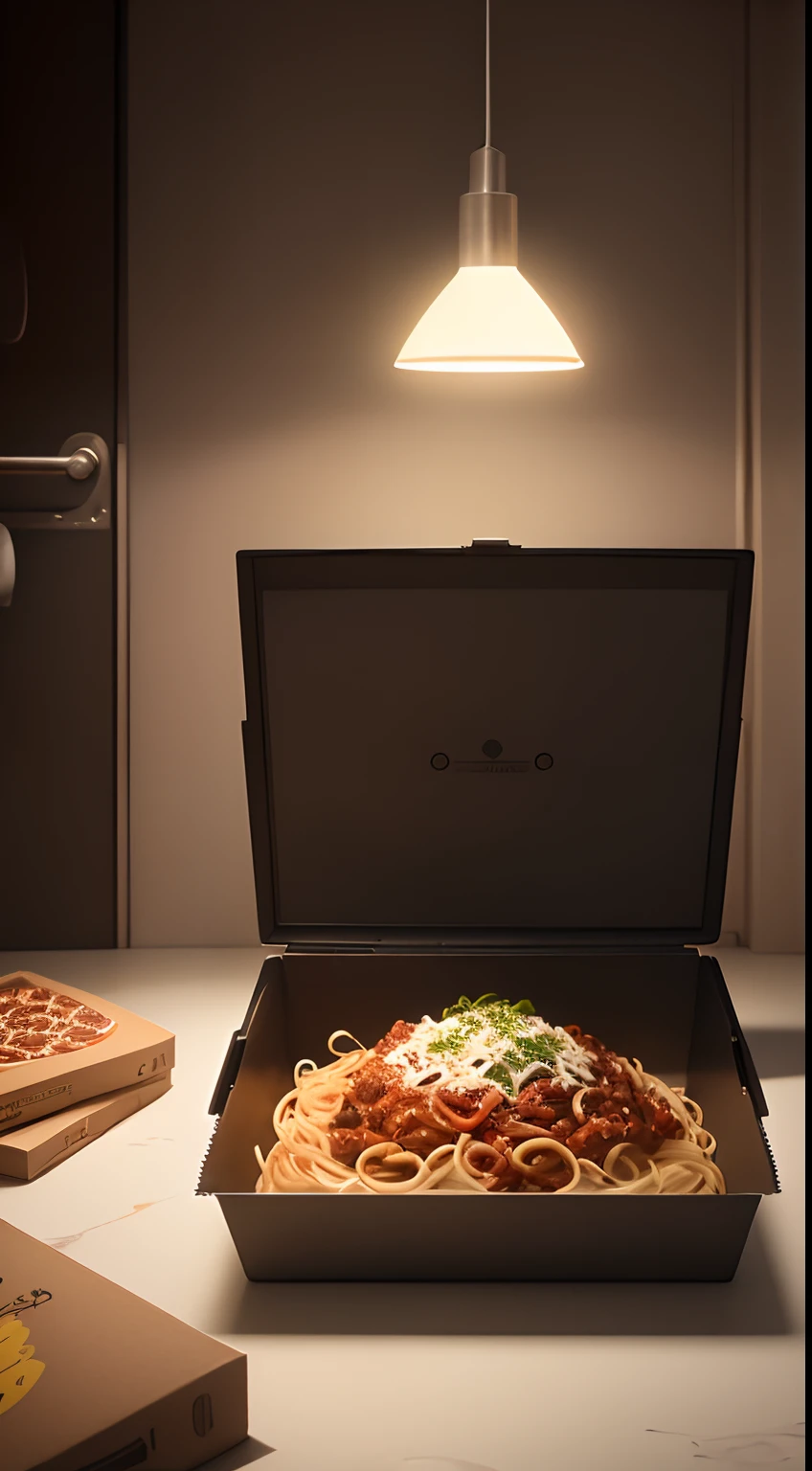 product photography: Spaghetti Bolognese in a modern black and yellow fast-food-style cardboard box , intrincado, epopeya, Altamente detallado, vibrante, food photography, a, foto ganadora de premio ,Epic render, octano, Luces de acento, (retroiluminado:1.3), (Kinematic:1.3), Detalles intrincados, (Artstation:1.3)