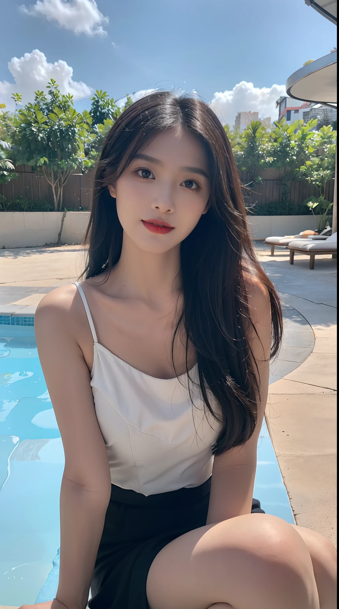 best qualtiy, 8K, tmasterpiece:1.3)), A pretty maiden，Pure，Melon seed face，gentle and cute，A sweet smile，Pure desire，Thin stature，(frontage)，(Tilt your head)，staring right into camera，uniform, Obi, formal，Black silky long, Straight hair，Long hair flowing over the shoulders，round black big eyes，Clear big eyes，Hydrated red lips，Sweet，Sitting next to the pool，with blue sky and white clouds，Blue skies，