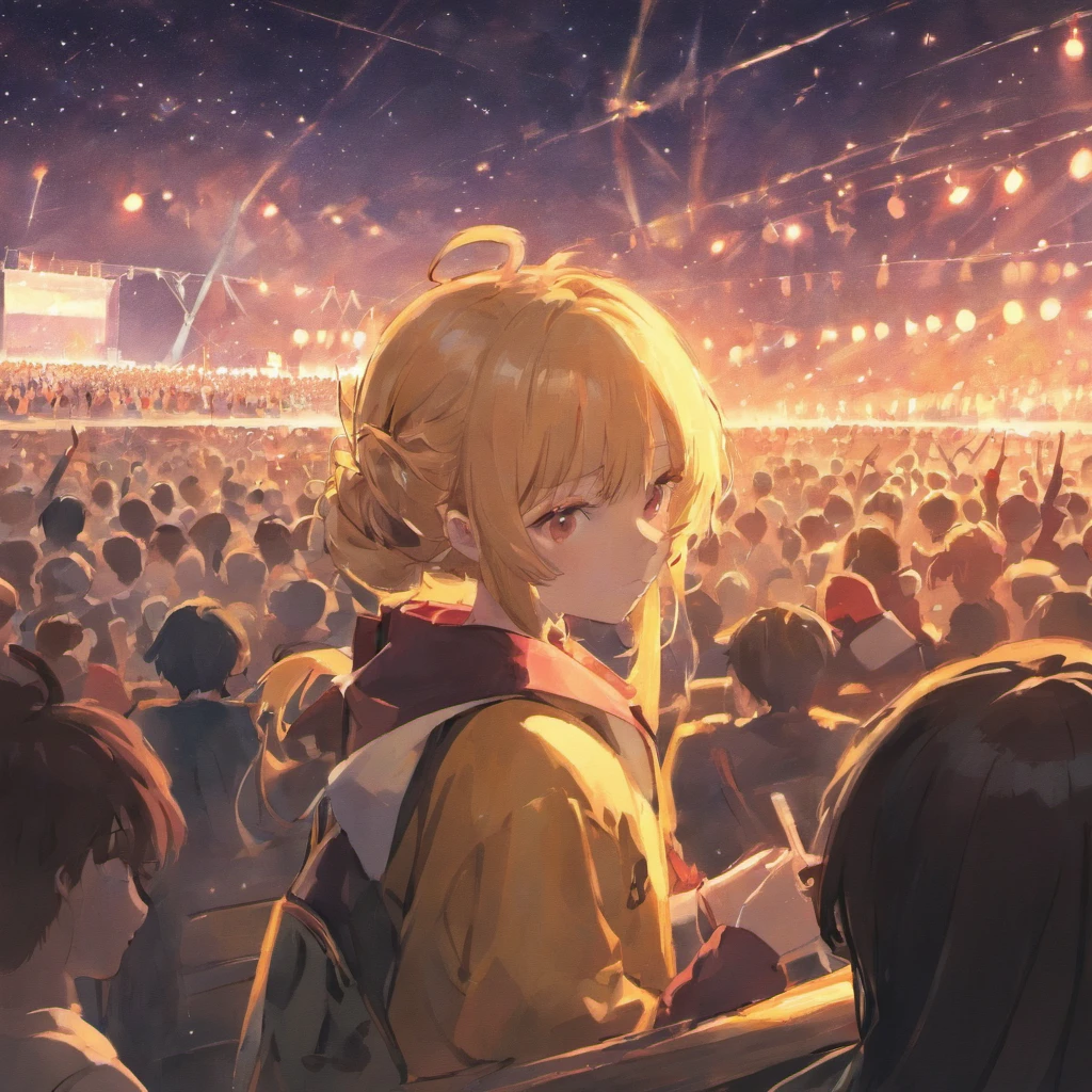 On a summer night,People gather at outdoor concert venues。Touching music plays on stage,The notes flutter in the wind。Professional painting captures the expressions and gestures of musicians,At the same time, It shows the emotional communication between the music and the audience。Twinkle stars in the night sky,Add a touch of mystery to the concert。