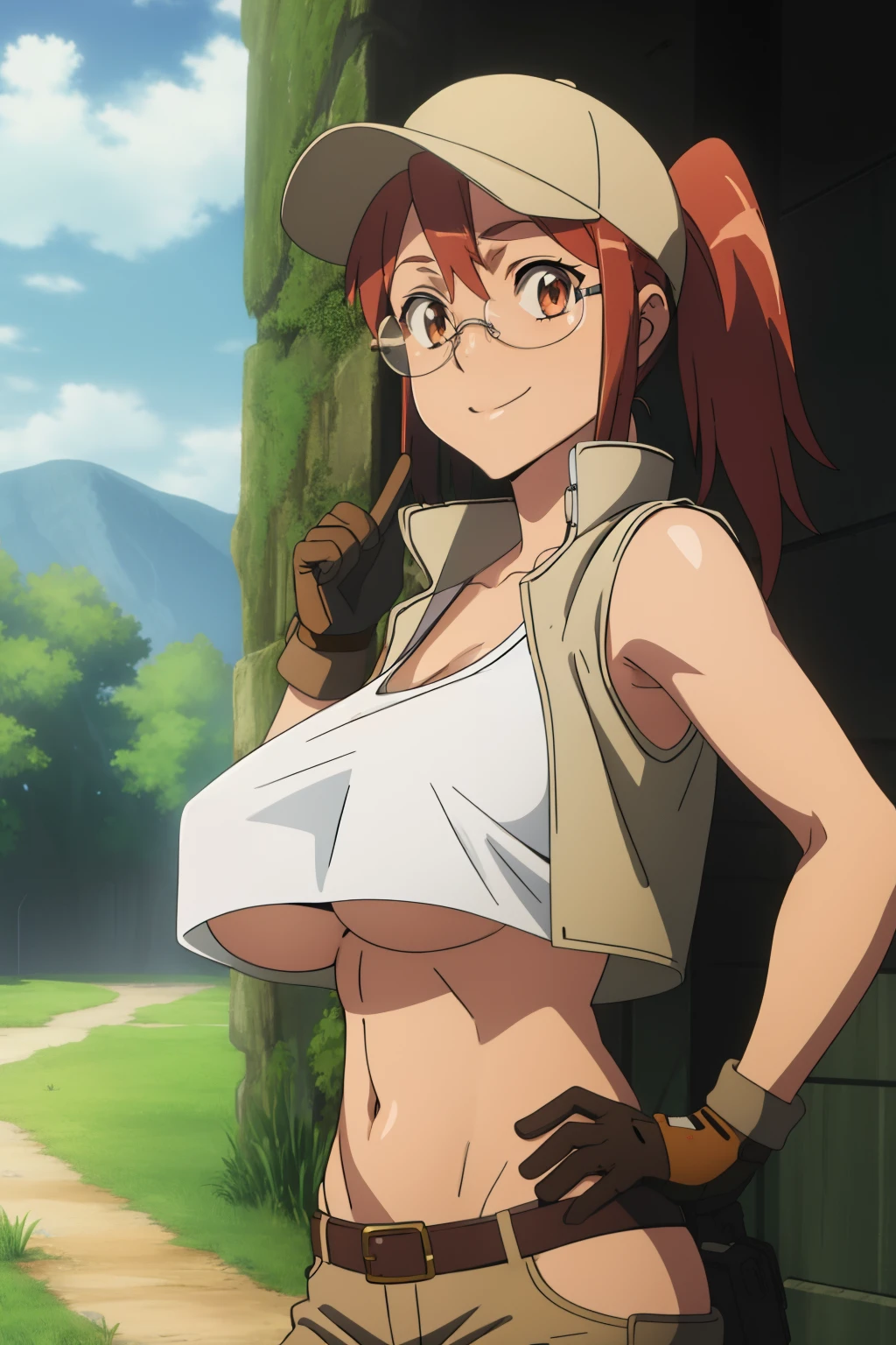 (masterpiece, best quality:1.2),illustration,8k,hd,1girl,solo,upper body,(portrait:1.2),large breasts,round eyewear,hat,crop top,midriff,gloves,navel,baseball cap,knee pads,short shorts,ponytail,boots,brown eyes,brown shorts,belt,smile, pack,brown headwear,red hair,hip vent,tank top,long hair,vest,huge breasts, upper body,outdoors, ((glasses 1.2)), ((underboob))
