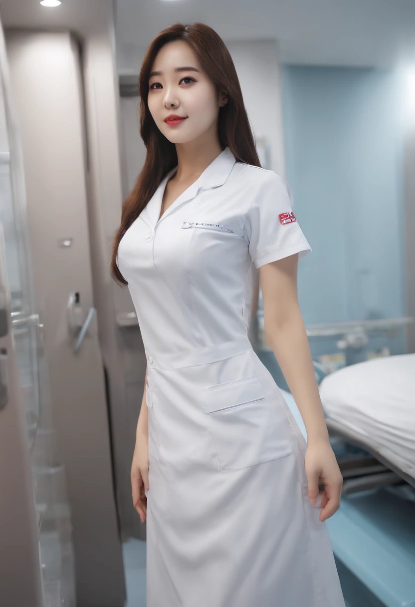 ( (8K:1.27)、top-quality、masterpiece、超A high resolution:1.2)、crouching down、I can almost see my chest、White nurse uniform、A dark-haired、Long straight hair、Colossal tits、In the hospital、Hospital Room
